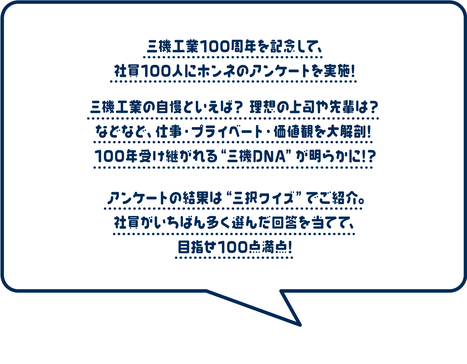 三機工業100周年を記念して、社員100人にホンネのアンケートを実施！三機工業の自慢といえば？理想の上司や先輩は？などなど、仕事・プライベート・価値観を大解剖！100年受け継がれる“三機DNA”が明らかに！？アンケートの結果は“三択クイズ”でご紹介。社員がいちばん多く選んだ回答を当てて、目指せ100点満点！